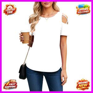 Cold Shoulder Tunic Top Short Sleeve Loose Fit Rayon Spandex Summer Blouse